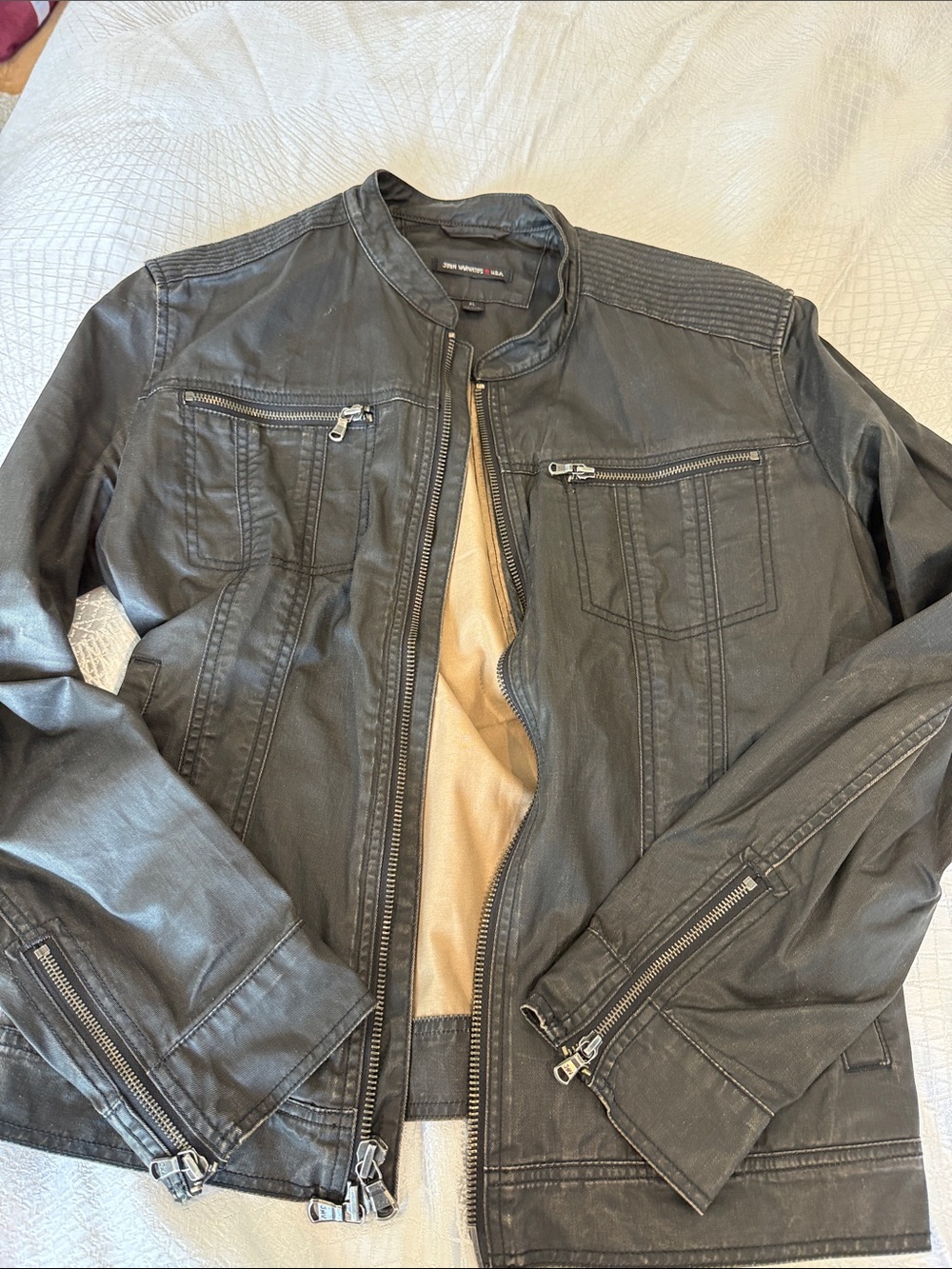 John Varvatos Black Faux Leather Bomber Jacket with Tan Lining